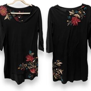 JOHNNY WAS | Black Boho Floral Embroidered Mini Dress | Long Line Tunic | Small